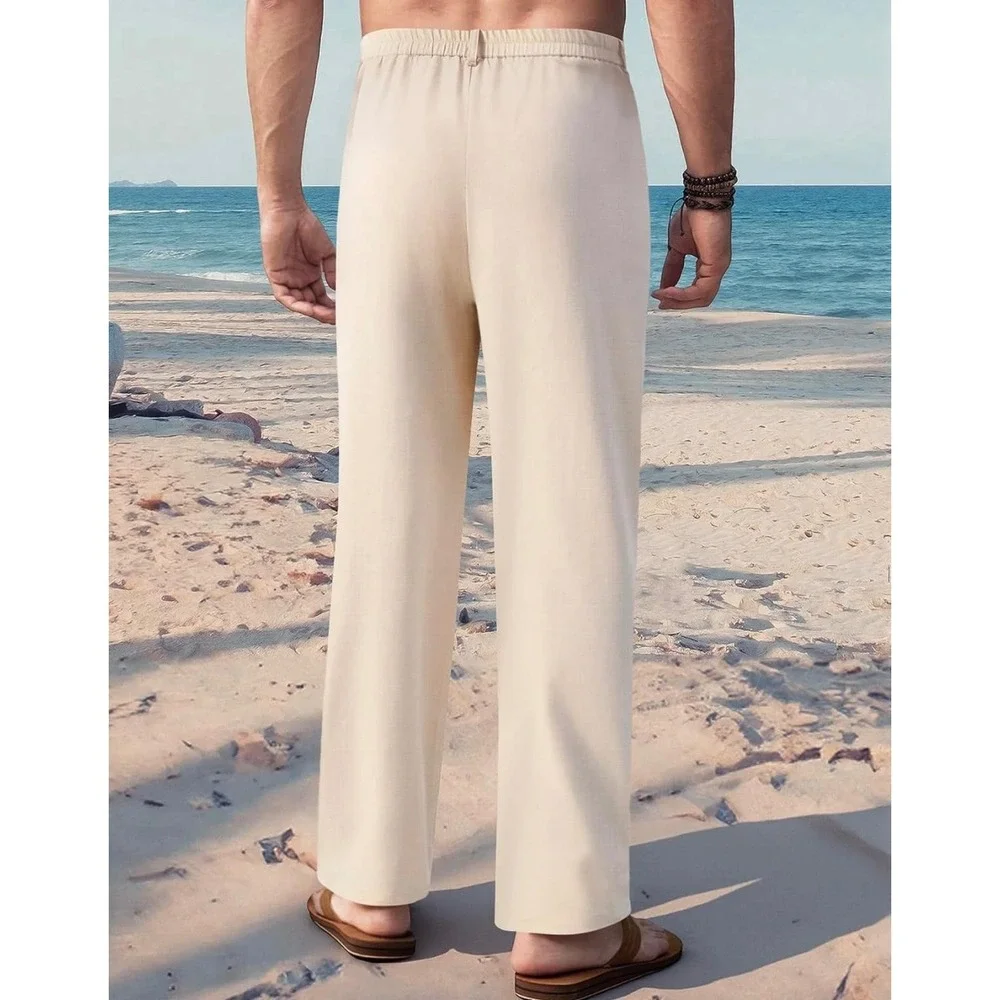 Akefun Mens Linen Blend Beach Pants Beige Cream Straight Leg Pleated